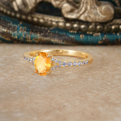 1 Carat Oval Cut 4 Prong Classic Citrine Promise Ring Pave Setting