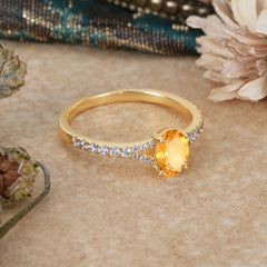1 Carat Oval Cut 4 Prong Classic Citrine Promise Ring Pave Setting
