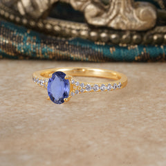 1 Carat Oval Cut Classic Tanzanite Promise Ring Pave Setting