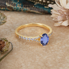 1 Carat Oval Cut Classic Tanzanite Promise Ring Pave Setting