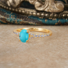1 Carat Oval Cut Classic Turquoise Promise Ring Pave Setting