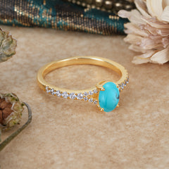 1 Carat Oval Cut Classic Turquoise Promise Ring Pave Setting