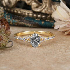 1 Carat Oval Cut Classic Black Rutilated Quartz Promise Ring Pave Setting
