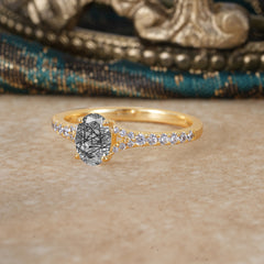 1 Carat Oval Cut Classic Black Rutilated Quartz Promise Ring Pave Setting