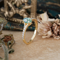 1 Carat Oval Cut Classic Moss Agate Promise Ring Pave Setting