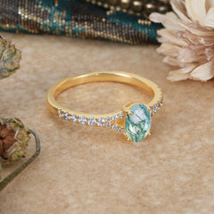 1 Carat Oval Cut Classic Moss Agate Promise Ring Pave Setting