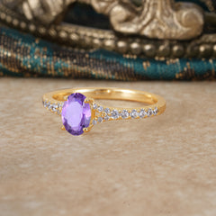 1 Carat Oval Cut 4 Prong Classic Amethyst Promise Ring Pave Setting