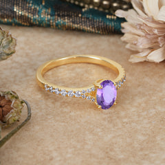 1 Carat Oval Cut 4 Prong Classic Amethyst Promise Ring Pave Setting