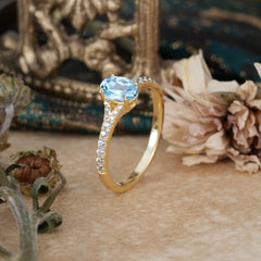 1 Carat Oval Cut 4 Prong Classic Aquamarine Promise Ring Pave Setting