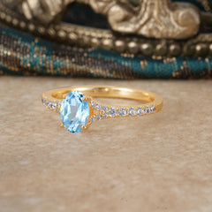1 Carat Oval Cut 4 Prong Classic Aquamarine Promise Ring Pave Setting
