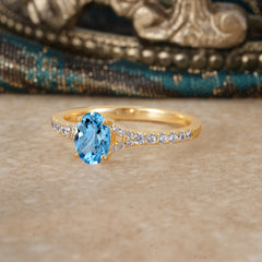 1 Carat Oval Cut 4 Prong Classic Aquamarine Promise Ring Pave Setting