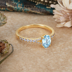 1 Carat Oval Cut 4 Prong Classic Aquamarine Promise Ring Pave Setting