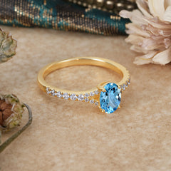 1 Carat Oval Cut 4 Prong Classic Aquamarine Promise Ring Pave Setting