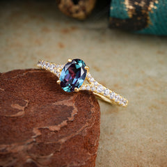 1 Carat Oval Cut 4 Prong Classic Alexandrite Promise Ring Pave Setting