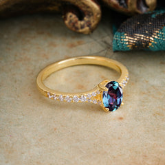 1 Carat Oval Cut 4 Prong Classic Alexandrite Promise Ring Pave Setting