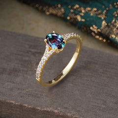 1 Carat Oval Cut 4 Prong Classic Alexandrite Promise Ring Pave Setting