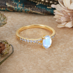 1 Carat Oval Cut Classic Natural Moonstone Promise Ring Pave Setting