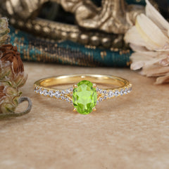 1 Carat Oval Cut 4 Prong Classic Peridot Promise Ring Pave Setting