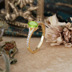 1 Carat Oval Cut 4 Prong Classic Peridot Promise Ring Pave Setting