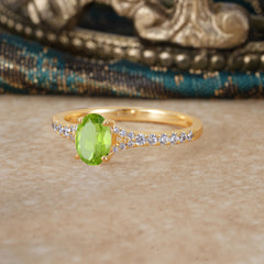 1 Carat Oval Cut 4 Prong Classic Peridot Promise Ring Pave Setting