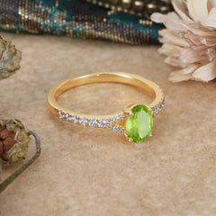 1 Carat Oval Cut 4 Prong Classic Peridot Promise Ring Pave Setting