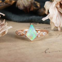 4 Prong Kite Cut 2 Carat Natural Opal Bridal Ring Nature Inspired Leaf Engagement Ring