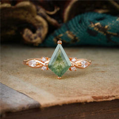 4 Prong Kite Cut 2 Carat Natural Moss Agate Bridal Ring Nature Inspired Leaf Engagement Ring