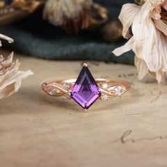 4 Prong Kite Cut 2 Carat Natural Amethyst Bridal Ring Nature Inspired Leaf Engagement Ring