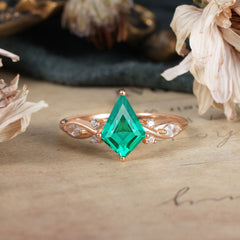 4 Prong Kite Cut 2 Carat Natural Emerald Bridal Ring Nature Inspired Leaf Engagement Ring