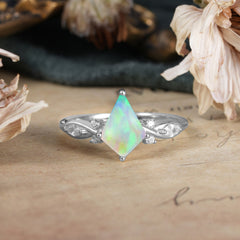 4 Prong Kite Cut 2 Carat Natural Opal Bridal Ring Nature Inspired Leaf Engagement Ring