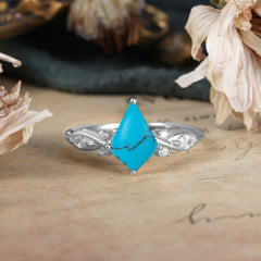 4 Prong Kite Cut 2 Carat Natural Turquoise Bridal Ring Nature Inspired Leaf Engagement Ring