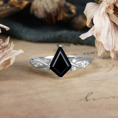 4 Prong Kite Cut 2 Carat Black Onyx Bridal Ring Nature Inspired Leaf Engagement Ring