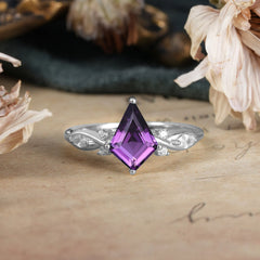 4 Prong Kite Cut 2 Carat Natural Amethyst Bridal Ring Nature Inspired Leaf Engagement Ring