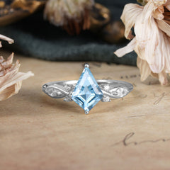 4 Prong Kite Cut 2 Carat Natural Aquamarine Bridal Ring Nature Inspired Leaf Engagement Ring