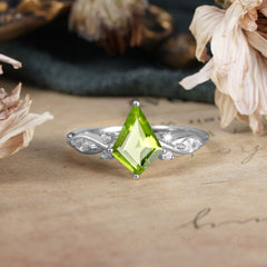 4 Prong Kite Cut 2 Carat Natural Peridot Bridal Ring Nature Inspired Leaf Engagement Ring