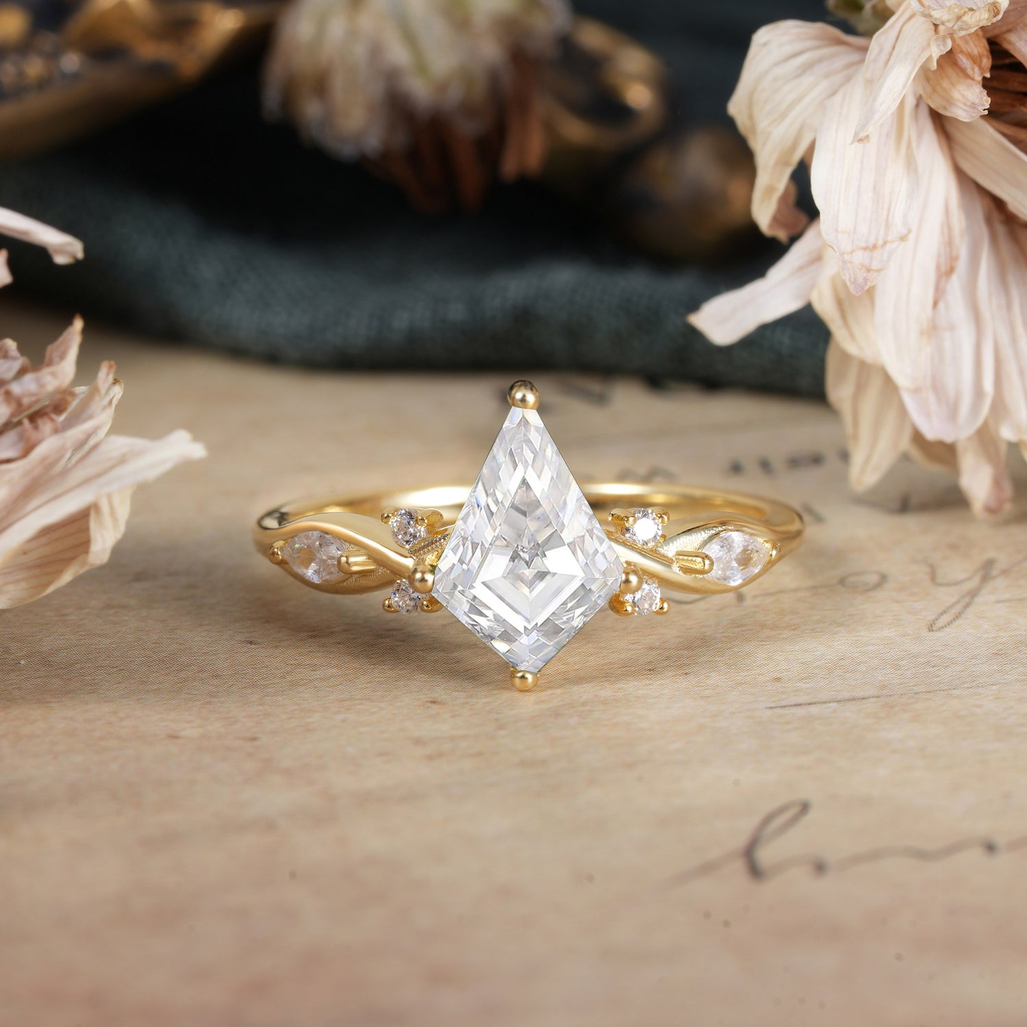 Kite Cut 2 Carat Moissanite Bridal Ring Nature Inspired Leaf Engagement Ring