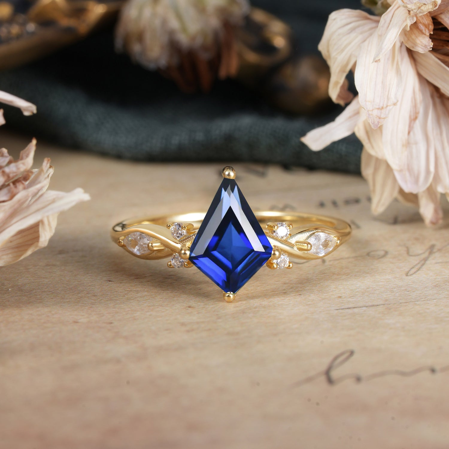 4 Prong Kite Cut 2 Carat Sapphire Bridal Ring Nature Inspired Leaf Engagement Ring - Romalar Jewelry