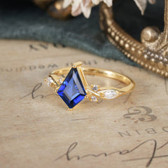 4 Prong Kite Cut 2 Carat Sapphire Bridal Ring Nature Inspired Leaf Engagement Ring