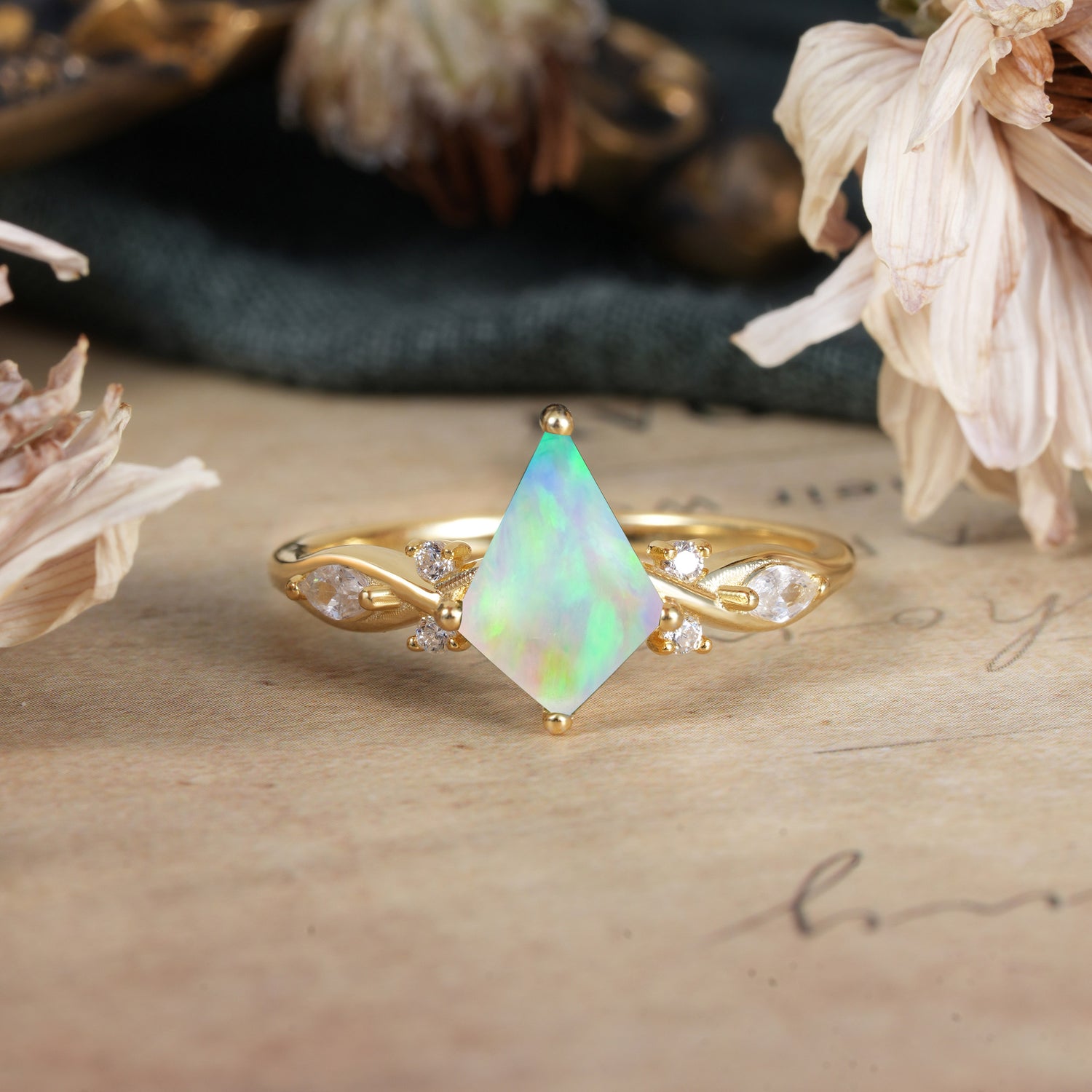 4 Prong Kite Cut 2 Carat Opal Bridal Ring Nature Inspired Leaf Engagement Ring
