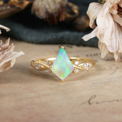 4 Prong Kite Cut 2 Carat Natural Opal Bridal Ring Nature Inspired Leaf Engagement Ring