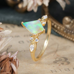 4 Prong Kite Cut 2 Carat Natural Opal Bridal Ring Nature Inspired Leaf Engagement Ring