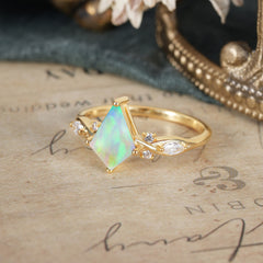 4 Prong Kite Cut 2 Carat Natural Opal Bridal Ring Nature Inspired Leaf Engagement Ring