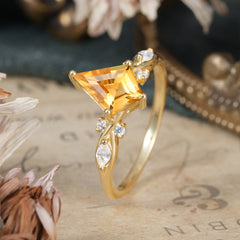 4 Prong Kite Cut 2 Carat Citrine Bridal Ring Nature Inspired Leaf Engagement Ring
