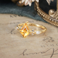 4 Prong Kite Cut 2 Carat Citrine Bridal Ring Nature Inspired Leaf Engagement Ring