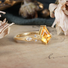 4 Prong Kite Cut 2 Carat Citrine Bridal Ring Nature Inspired Leaf Engagement Ring