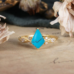 4 Prong Kite Cut 2 Carat Natural Turquoise Bridal Ring Nature Inspired Leaf Engagement Ring
