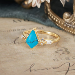 4 Prong Kite Cut 2 Carat Natural Turquoise Bridal Ring Nature Inspired Leaf Engagement Ring