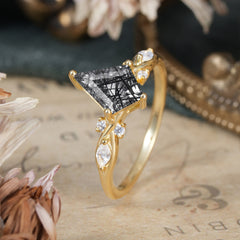 4 Prong Kite Cut 2 Carat Natural Black Rutilated Quartz Bridal Ring Nature Inspired Leaf Engagement Ring