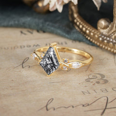 4 Prong Kite Cut 2 Carat Natural Black Rutilated Quartz Bridal Ring Nature Inspired Leaf Engagement Ring