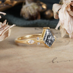 4 Prong Kite Cut 2 Carat Natural Black Rutilated Quartz Bridal Ring Nature Inspired Leaf Engagement Ring